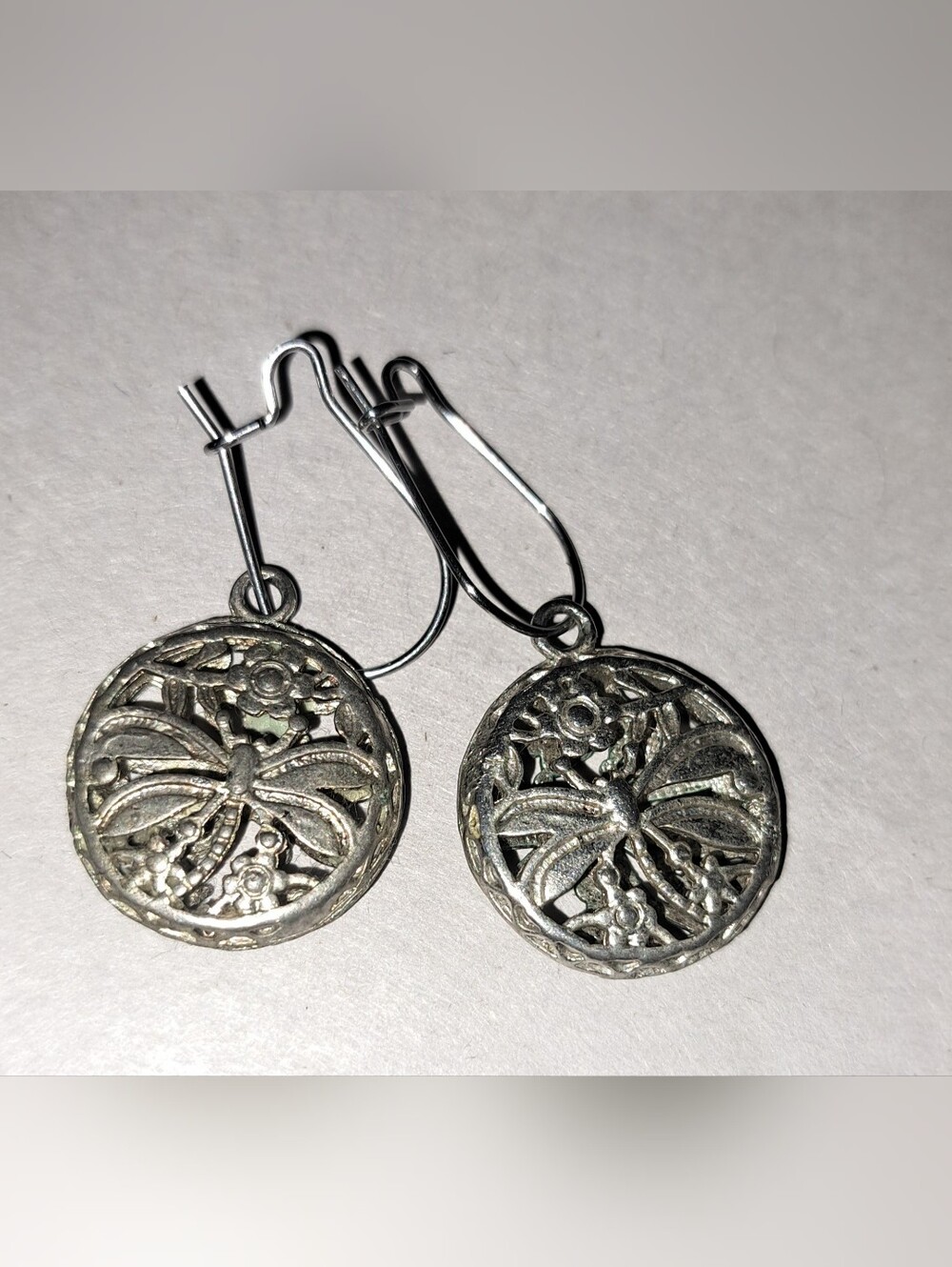 Dragonfly Dangle Earrings Filigree Open Middle 925 Sterling Patina
